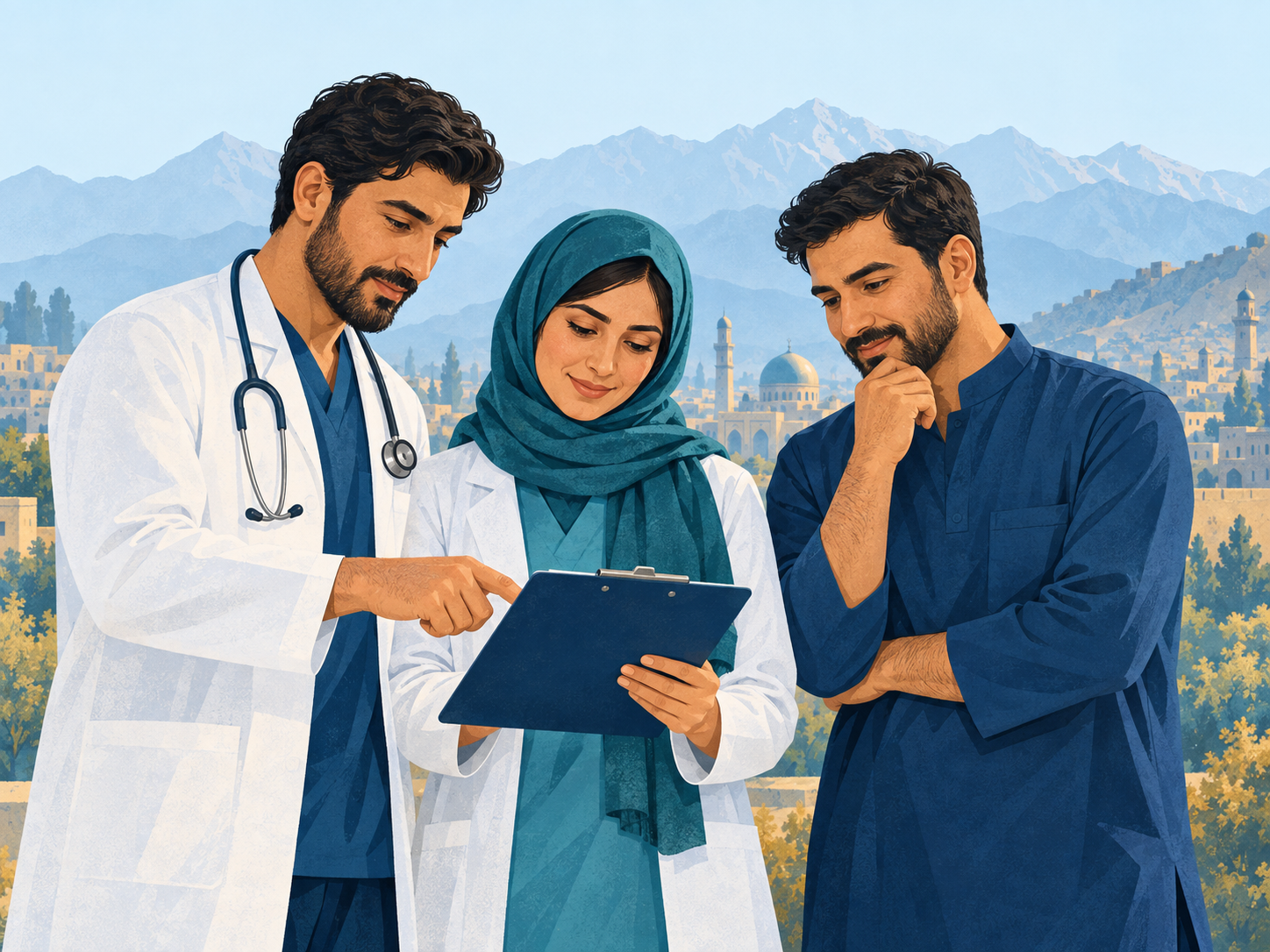 Editorial illustration of three Afghan healthcare volunteers reviewing a clipboard together, with mountains in the background
